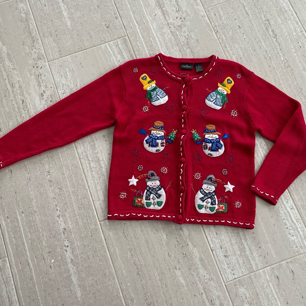 Charming Red Cardigan with Snowman Motif